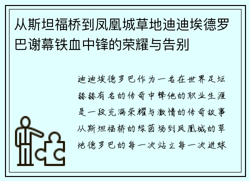 从斯坦福桥到凤凰城草地迪迪埃德罗巴谢幕铁血中锋的荣耀与告别 从斯坦福桥到凤凰城草地迪迪埃德罗巴谢幕铁血中锋的荣耀与告别